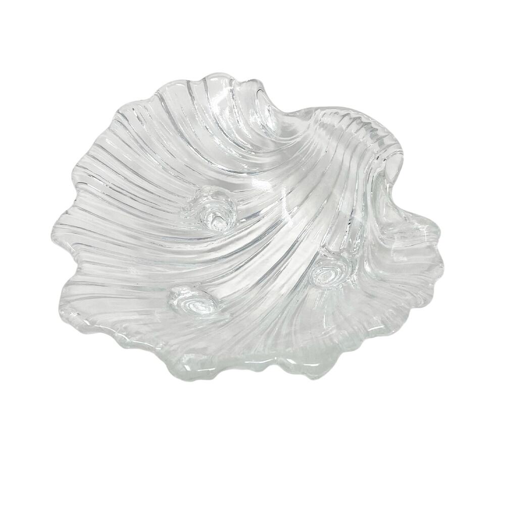 Vintage Glass Seashell Footed‎ Trinket Dish Candy Nut Rings Ribbed Scalloped GUC